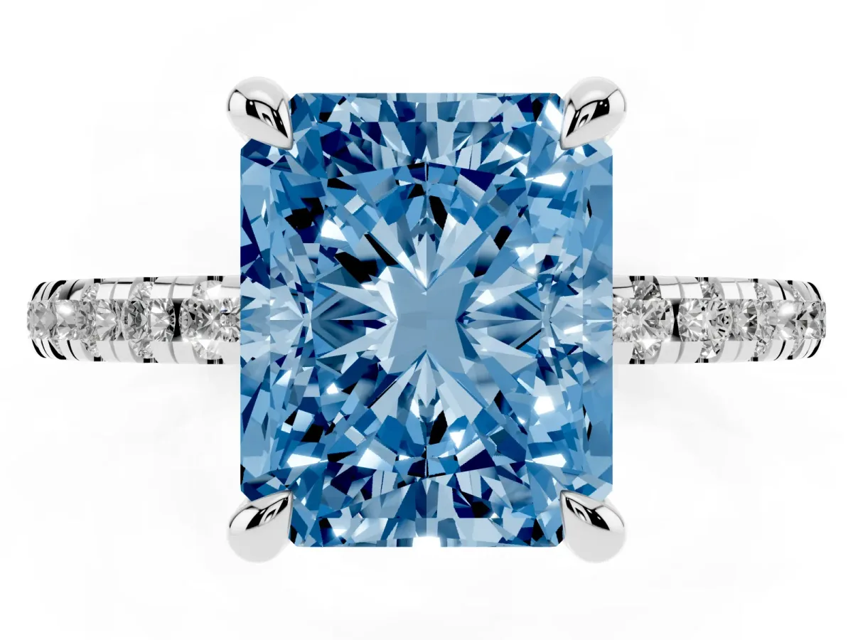 Fancy Blue Radiant Cut Diamond Brilliant Solitaire Ring with Pavé Band and Four-Prong Setting Silver