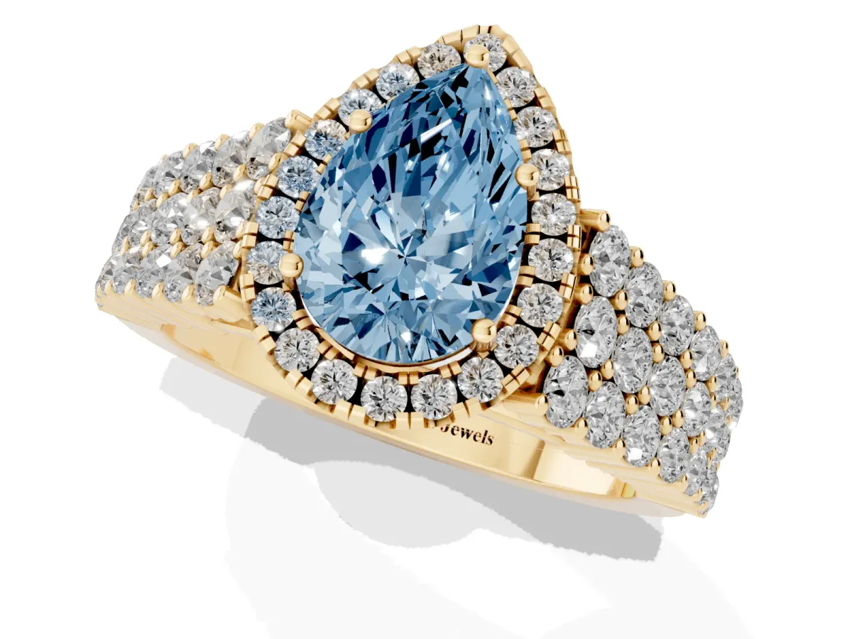 Fancy Blue Pear Cut Diamond Halo Engagement Ring with Triple Row Round Pavé Band and Prong Setting Yellow gold