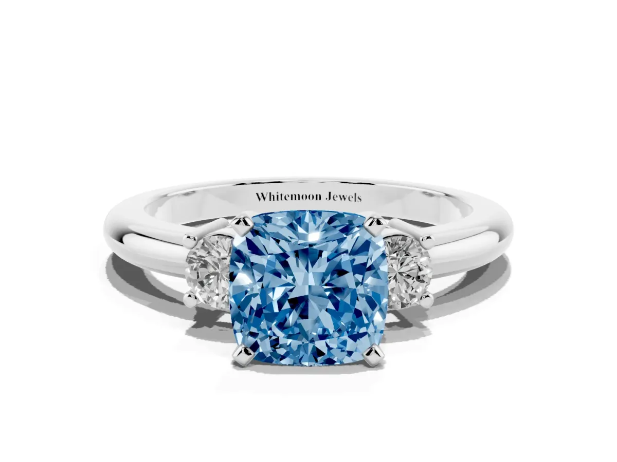 Fancy Blue Three-Stone Cushion Cut Cut Diamond Solitaire with Prong Setting and Classic Band Silver