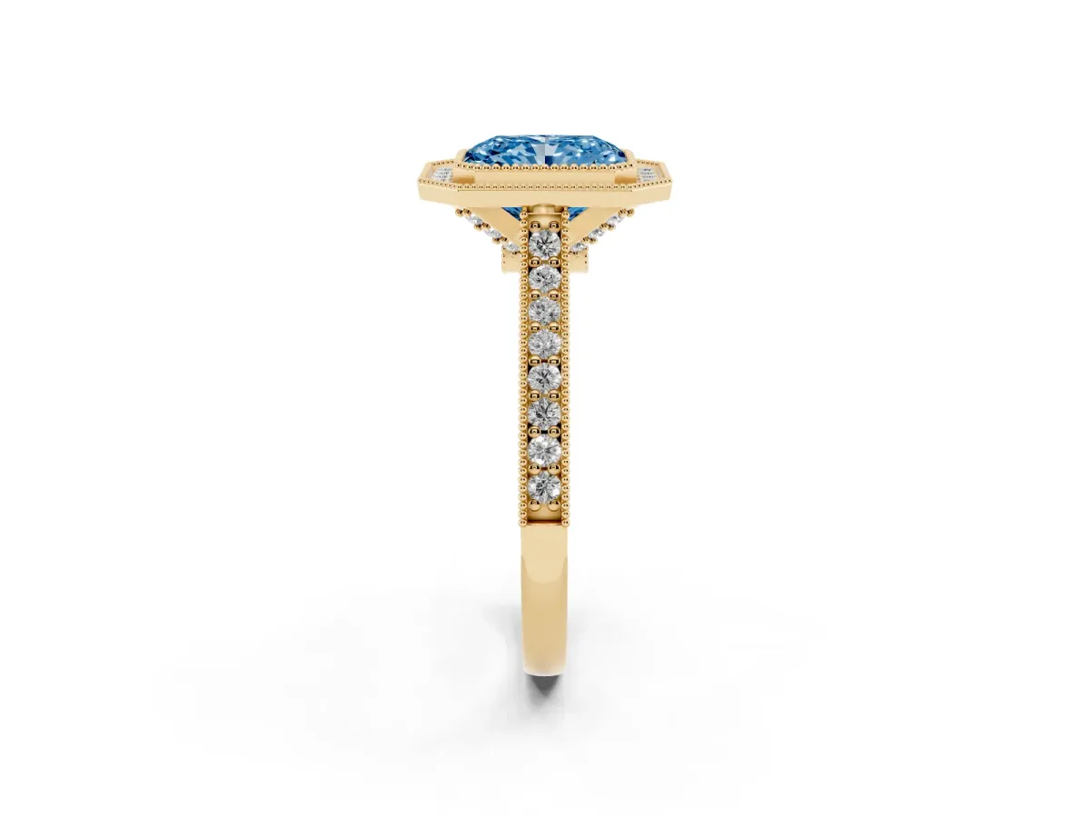 Fancy Blue Halo Radiant Cut-Cut Diamond Pave Band Milgrain Prong Setting Ring Yellow gold