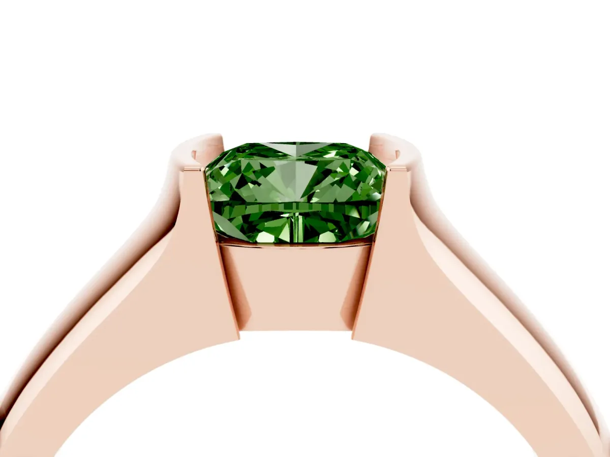 Fancy Green Cushion Cut Solitaire Bezel Set Diamond Ring with Wide Band Rose gold