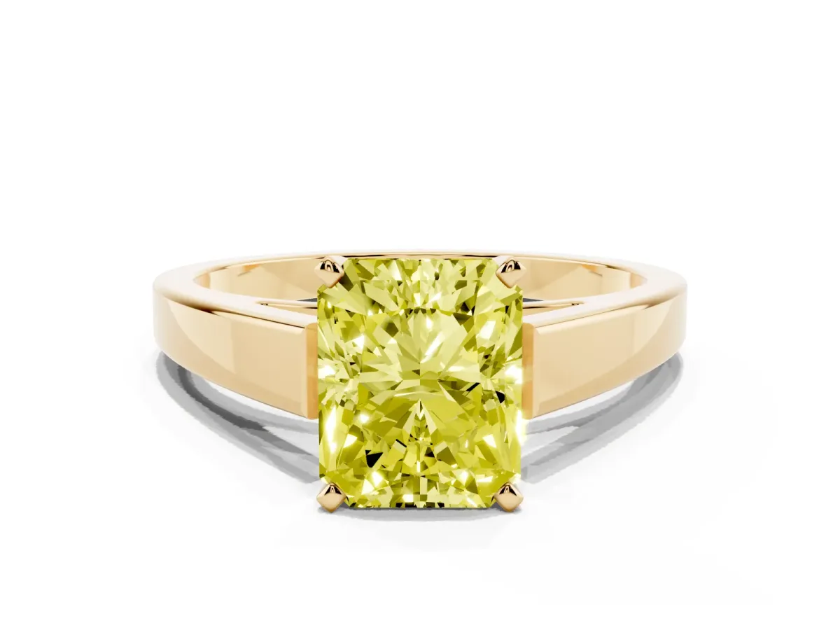 Fancy Yellow Radiant Cut Solitaire Engagement Ring with Four-Prong Setting and Tapered Band Yellow gold