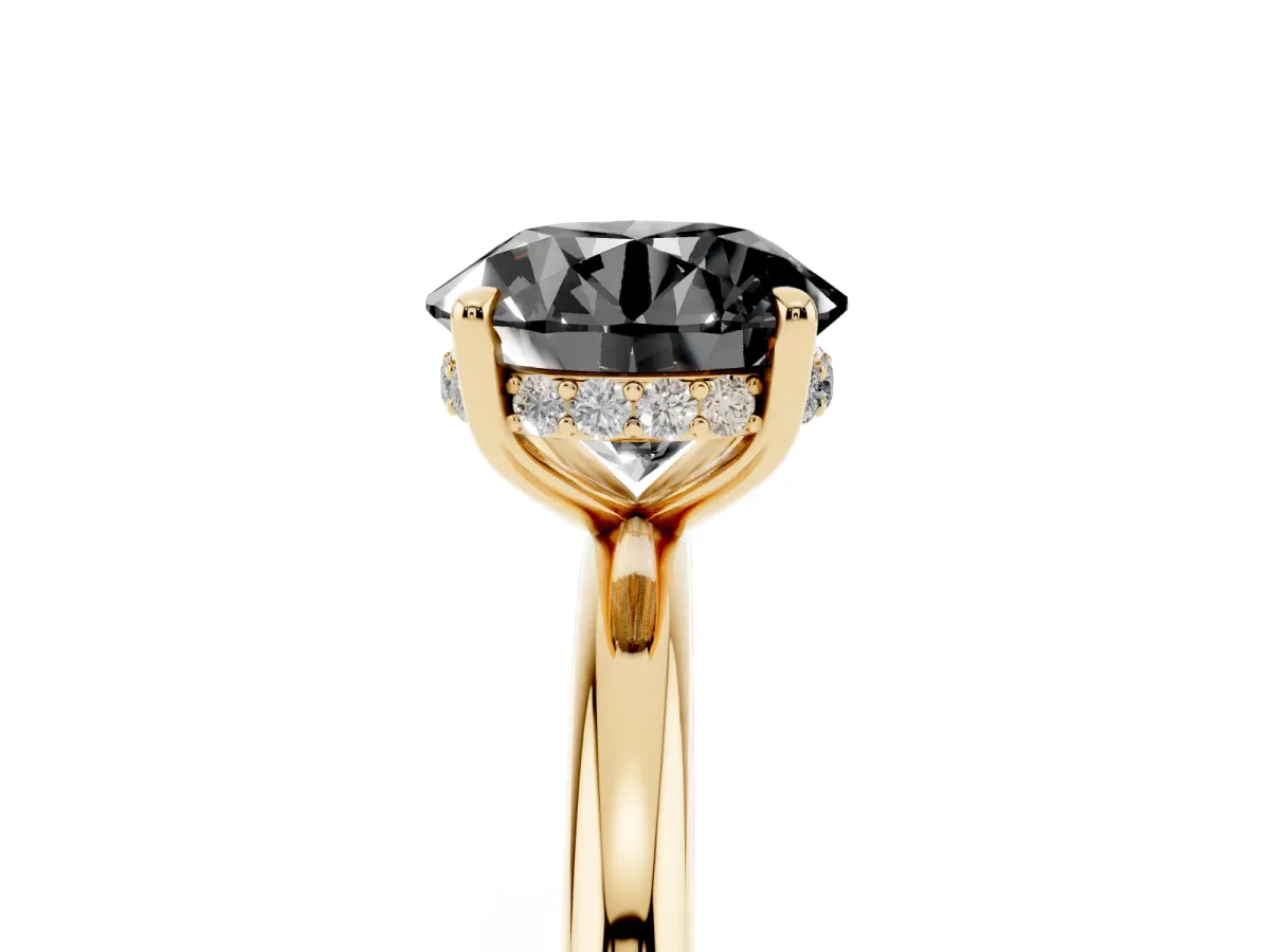 Fancy Black Round Cut Diamond Solitaire Ring with Thin Band and Four-Prong Setting Yellow gold