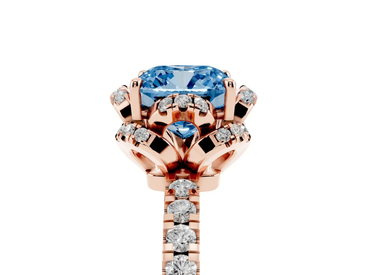 Fancy Blue Cushion Cut Halo Diamond Pave Band Ring with Four-Prong Setting Rose gold