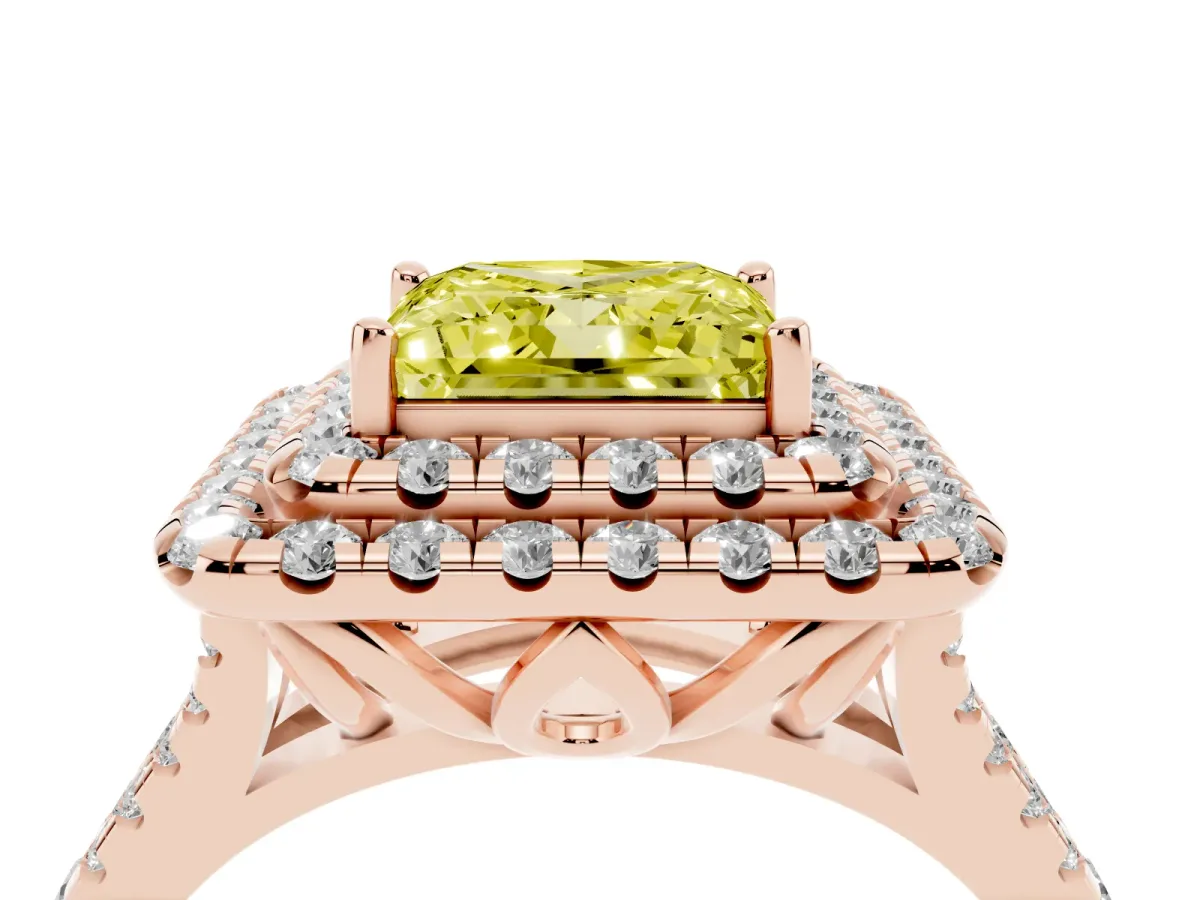 Fancy Yellow Double Halo Princess Cut Diamond Pavé Split Shank Ring with Prong Setting Rose gold