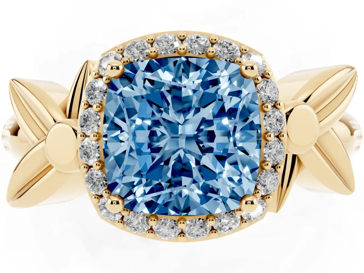 Fancy Blue Cushion Cut Halo Diamond Floral Band with Four-Prong Setting Yellow gold