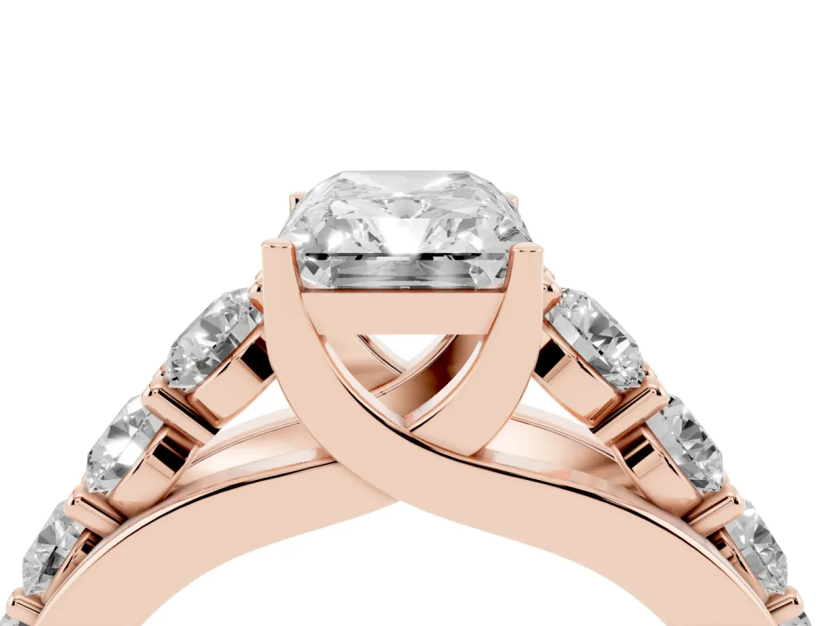 Radiant Cut Diamond Engagement Ring with Pavé Band and Four-Prong Setting Rose gold