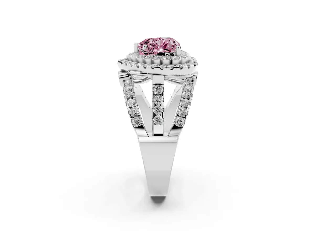 Fancy Pink Heart Cut Diamond Double Halo Ring with Round Pavé Split Shank and Prong Setting Silver