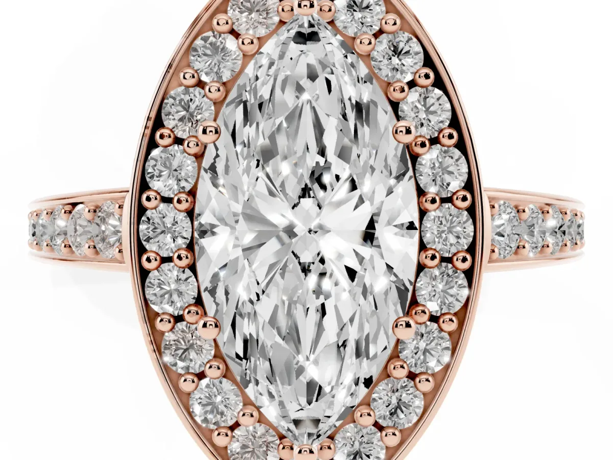 Marquise Cut Halo Pavé Diamond Engagement Ring with Bezel Setting Rose gold
