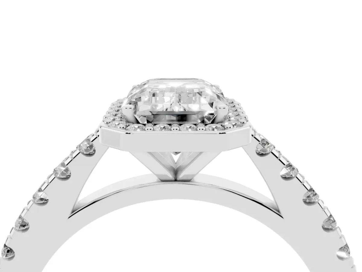 Emerald Cut Cut Halo Diamond Engagement Ring with Pave Band and Four-Prong Setting White gold