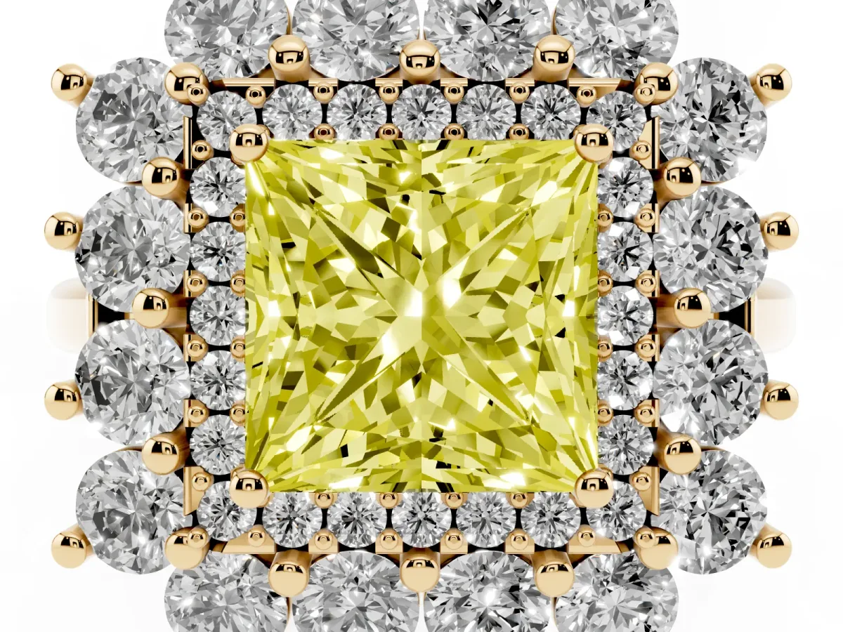 Fancy Yellow Princess Cut Diamond Floral Double Halo Engagement Ring with Prong Setting Yellow gold