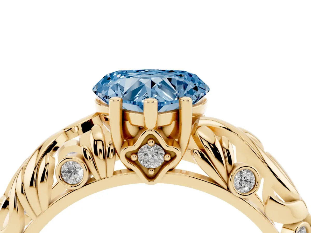 Fancy Blue Heart Cut Solitaire Diamond Leaf-Inspired Vine Band Ring with Prong Setting Yellow gold