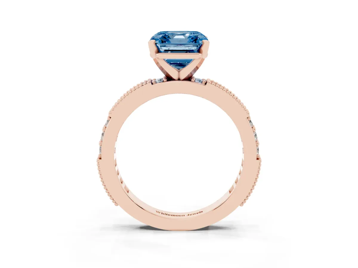 Fancy Blue Asscher Cut Solitaire with Pavé Band and Four-Prong Setting Rose gold