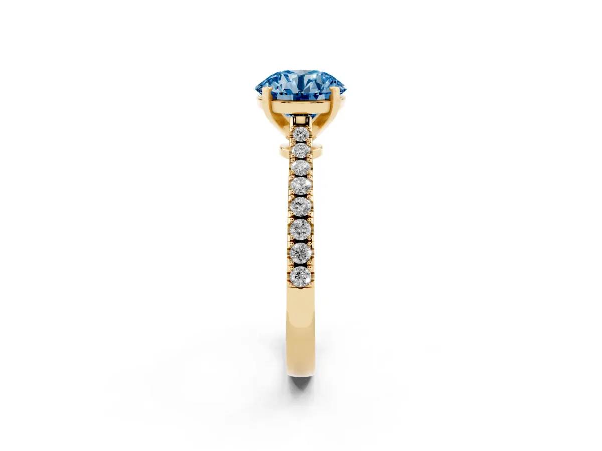 Fancy Blue Round Cut Cut Solitaire Diamond Engagement Ring with Pave Band and Four-Prong Setting Yellow gold