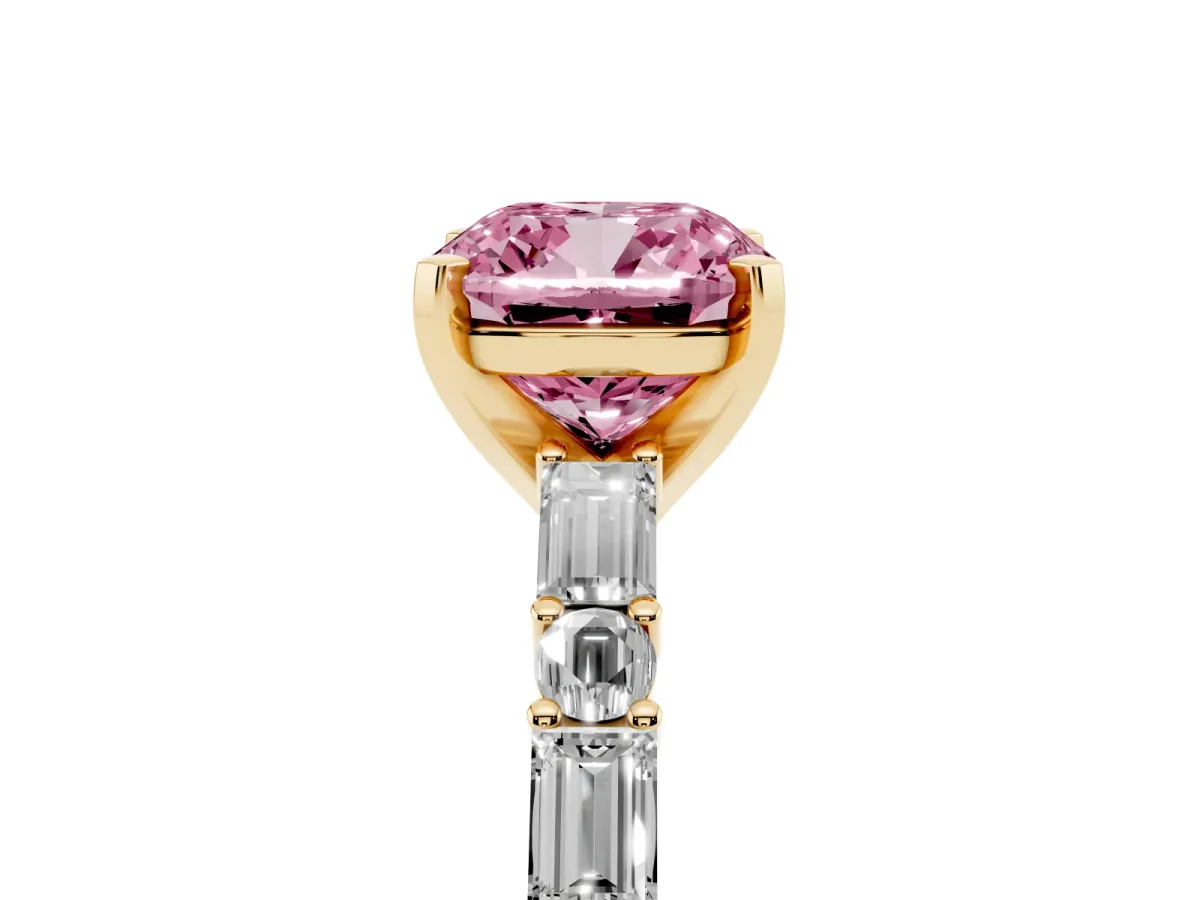 Fancy Pink Cushion Cut Diamond Solitaire with Side Baguettes and Channel Set Band Yellow gold