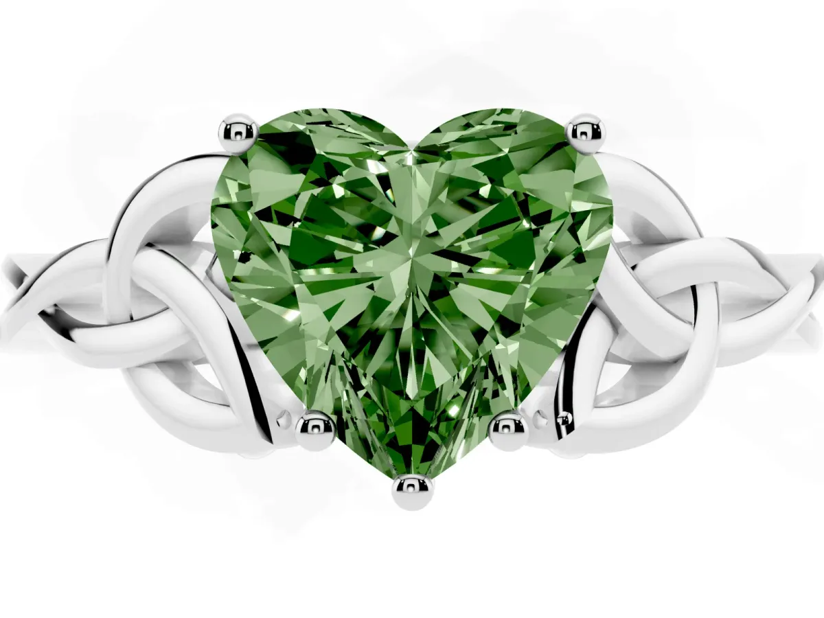 Fancy Green Heart Cut Diamond Solitaire Engagement Ring with Celtic Knot Band and Four-Prong Setting White gold