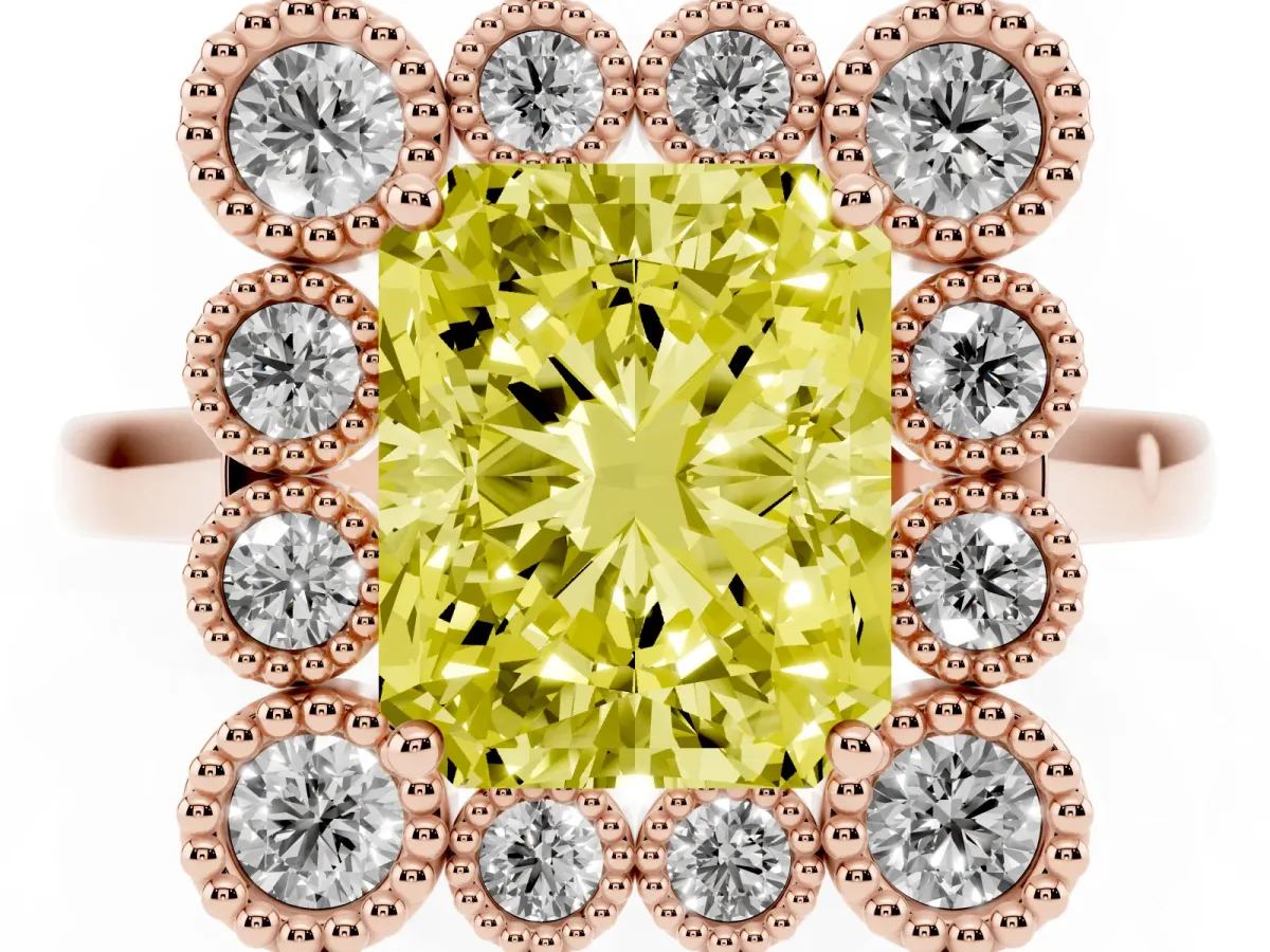 Fancy Yellow Radiant Cut Halo Diamond Cluster Engagement Ring with Milgrain Bezel Setting and Solitaire Band Rose gold
