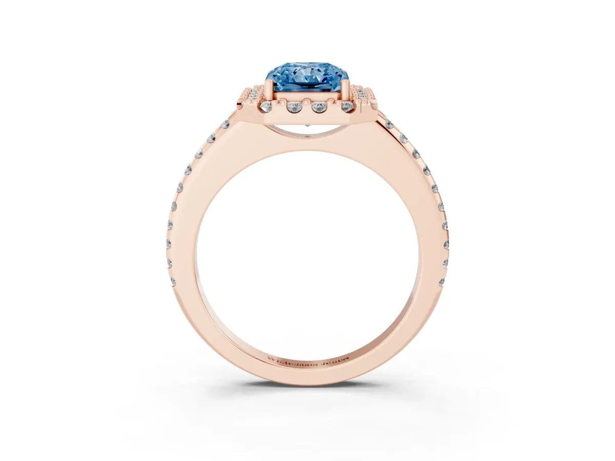 Fancy Blue Radiant Cut Diamond Pavé Halo Ring with Four-Prong Setting Rose gold