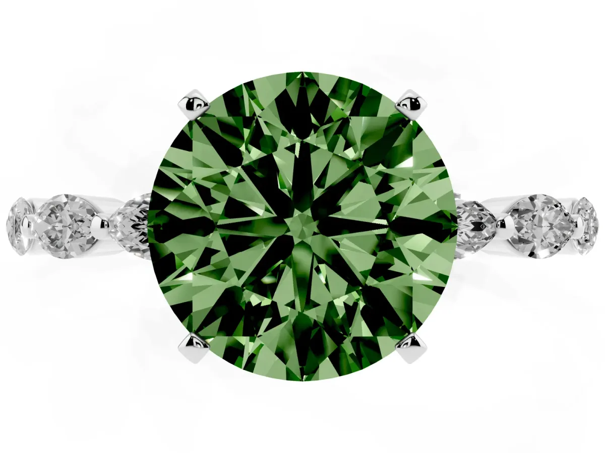 Fancy Green Round Cut Diamond Ring with Marquise Side Stones and Prong Setting Silver