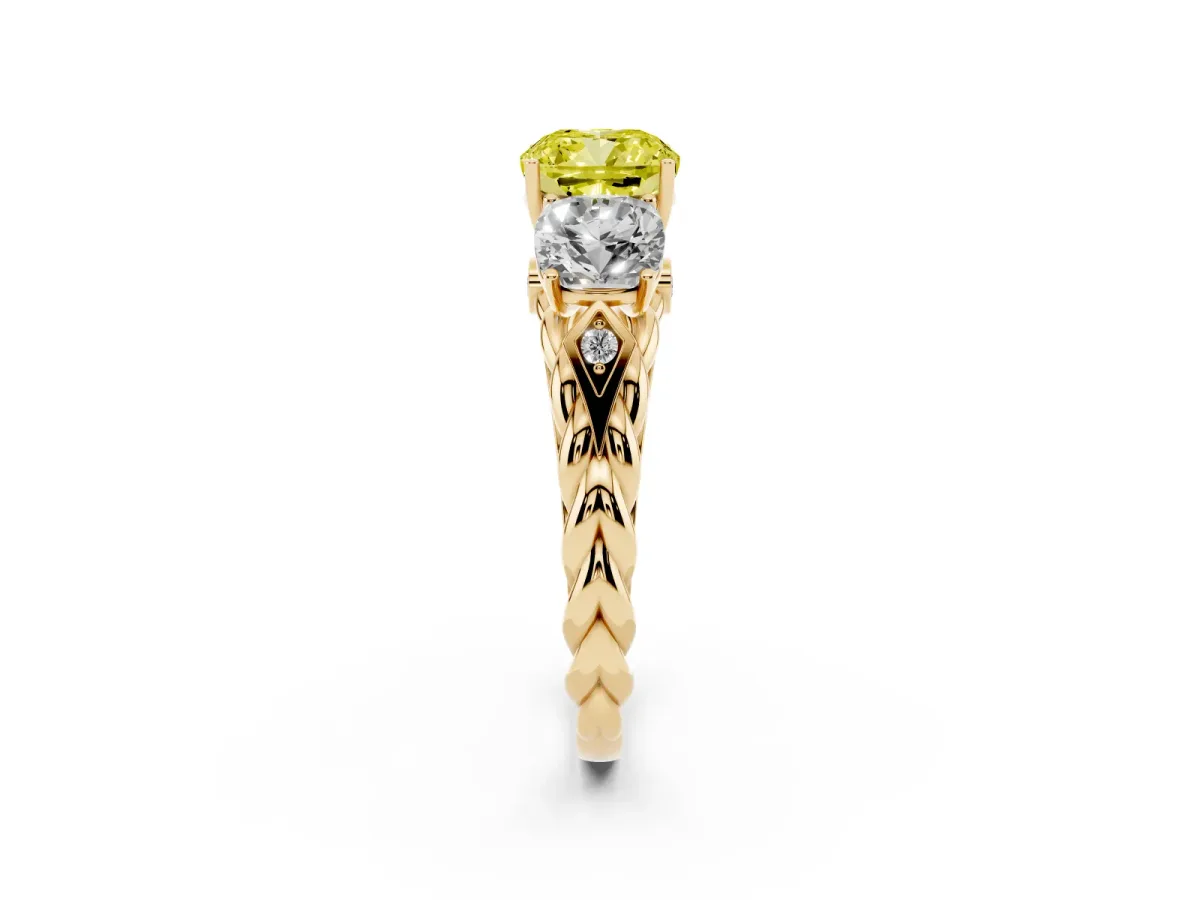 Fancy Yellow Three-Stone Cushion Cut Diamond Braided Band Ring with Four-Prong Setting Yellow gold