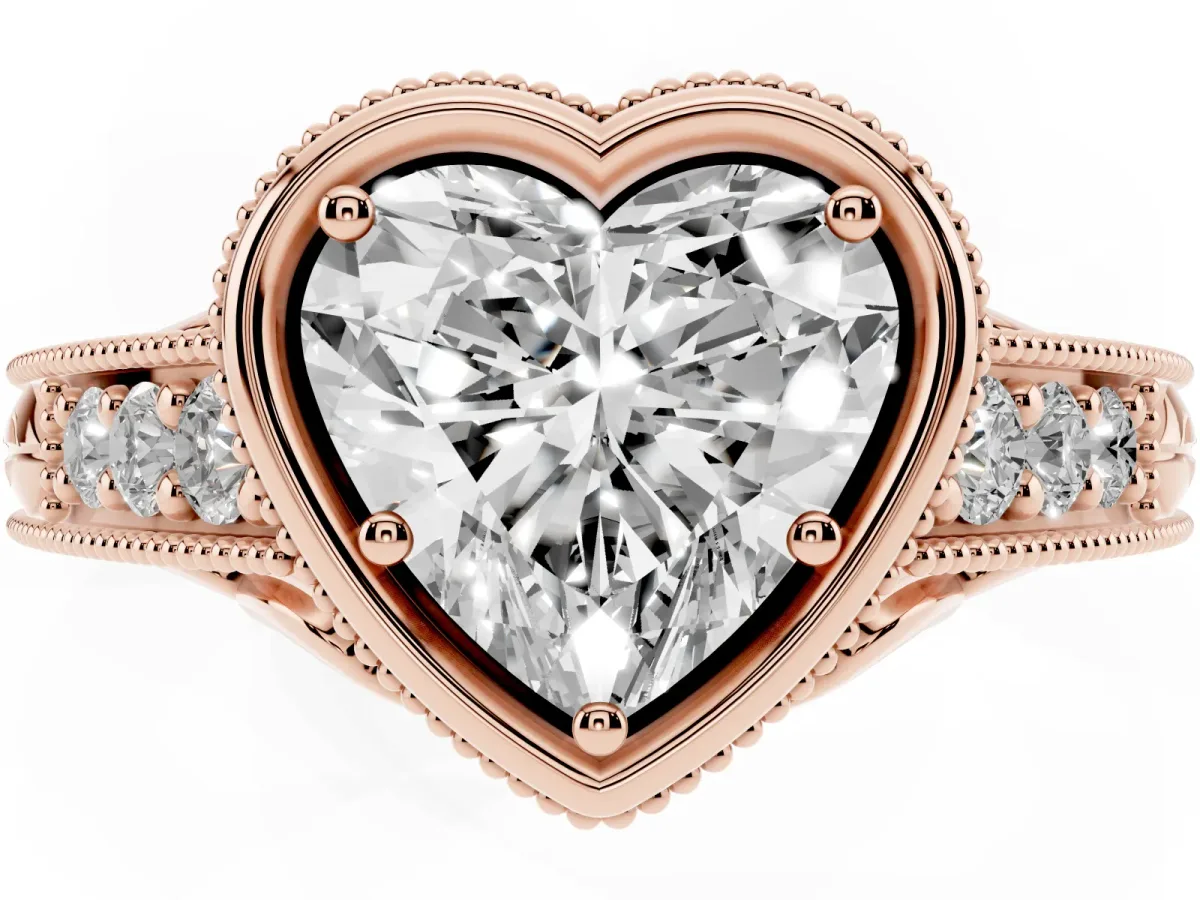 Bezel Set Heart Cut Diamond Milgrain Pave Engagement Ring Rose gold