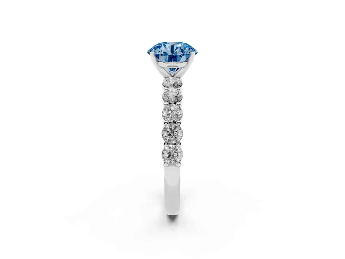 Fancy Blue Round Cut Diamond Solitaire Ring with Shared Prong Round Side Stones Silver