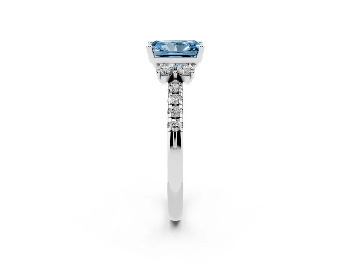 Fancy Blue Radiant Cut Diamond Three-Stone Pave Band with Four-Prong Setting Silver