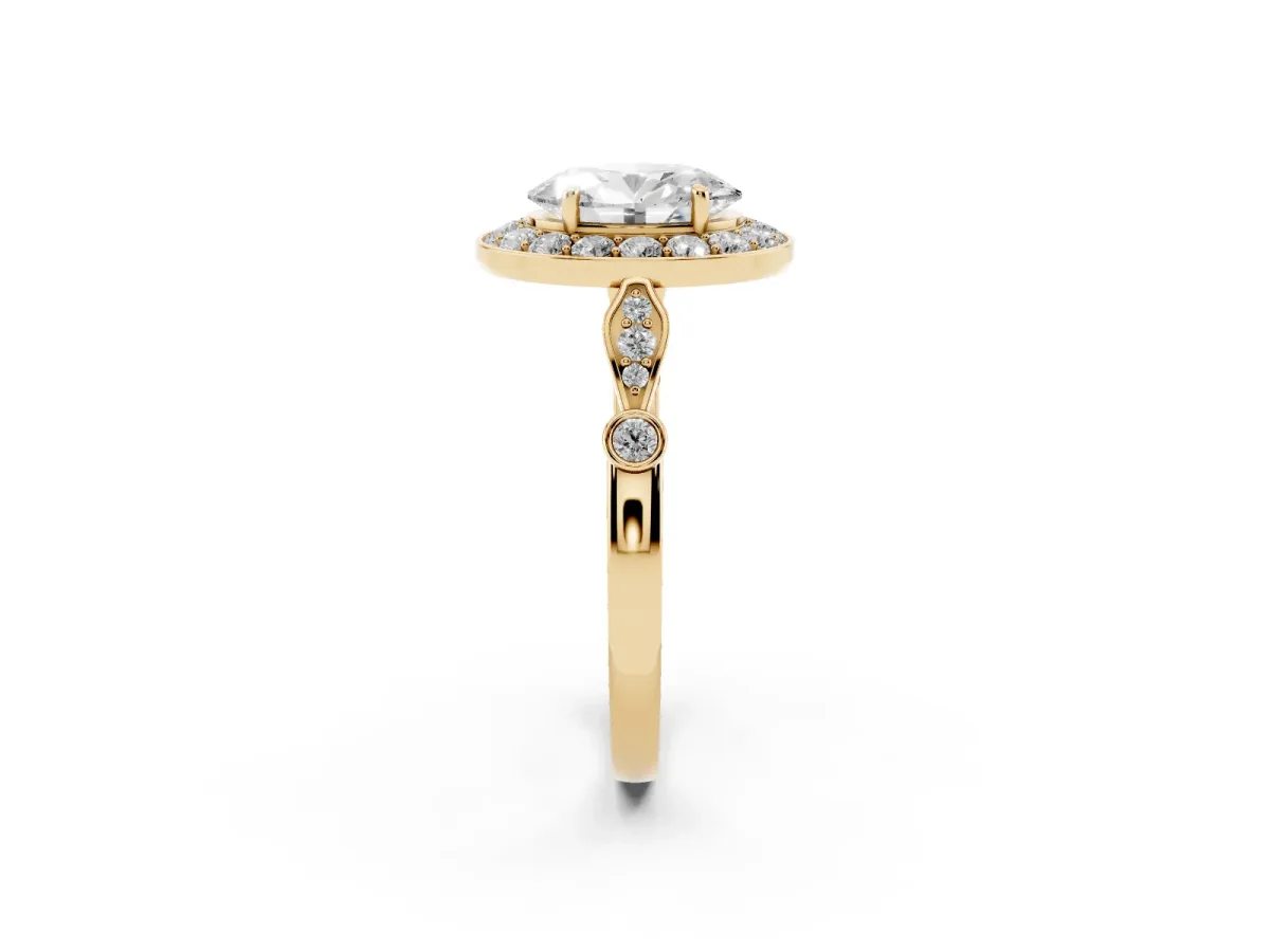 Oval Cut Halo Diamond Engagement Ring with Twisted Band and Four-Prong Setting Yellow gold