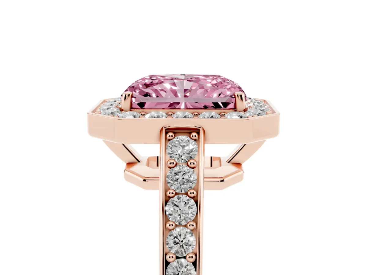 Fancy Pink Radiant Cut Halo Pavé Diamond Engagement Ring with Bezel Setting Rose gold