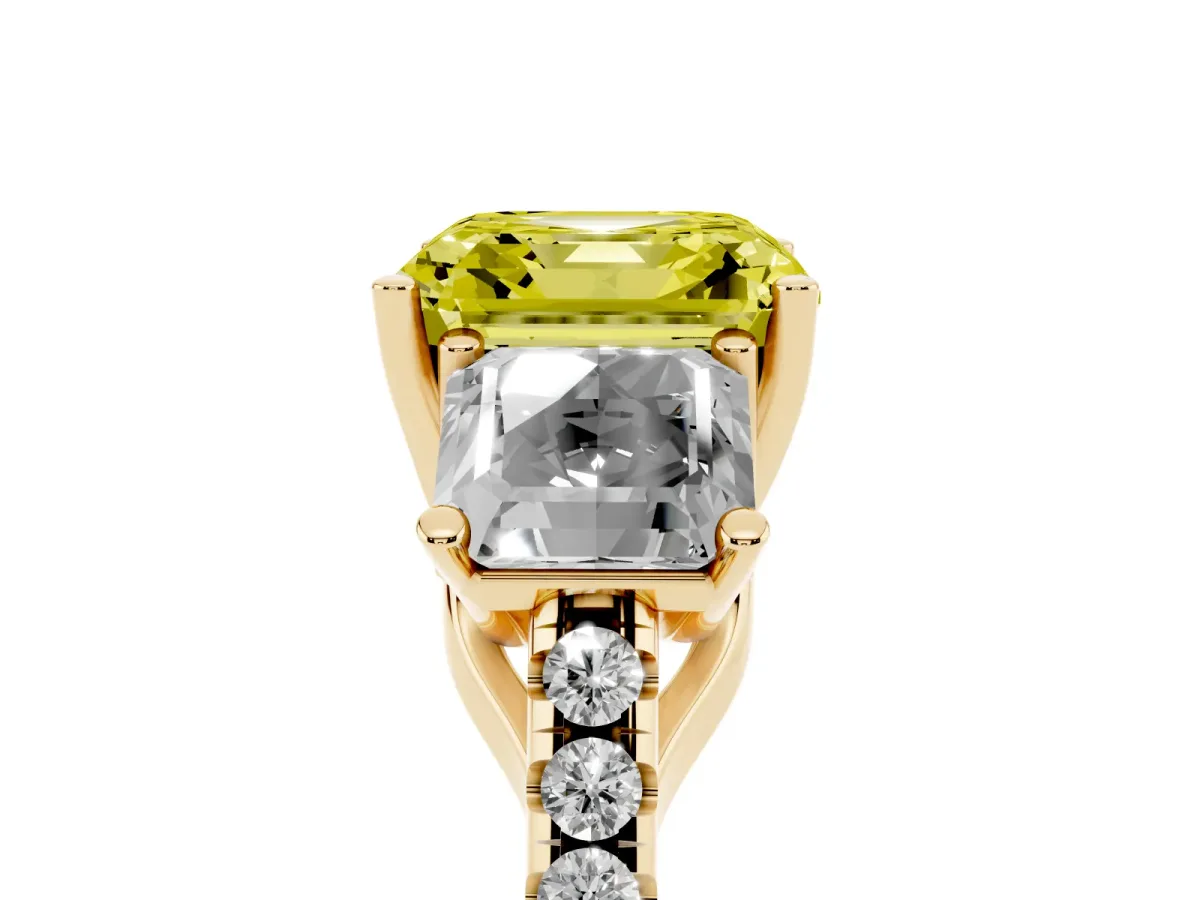 Fancy Yellow Three-Stone Asscher Cut Diamond Ring with Round Pavé Band and Prong Setting Yellow gold