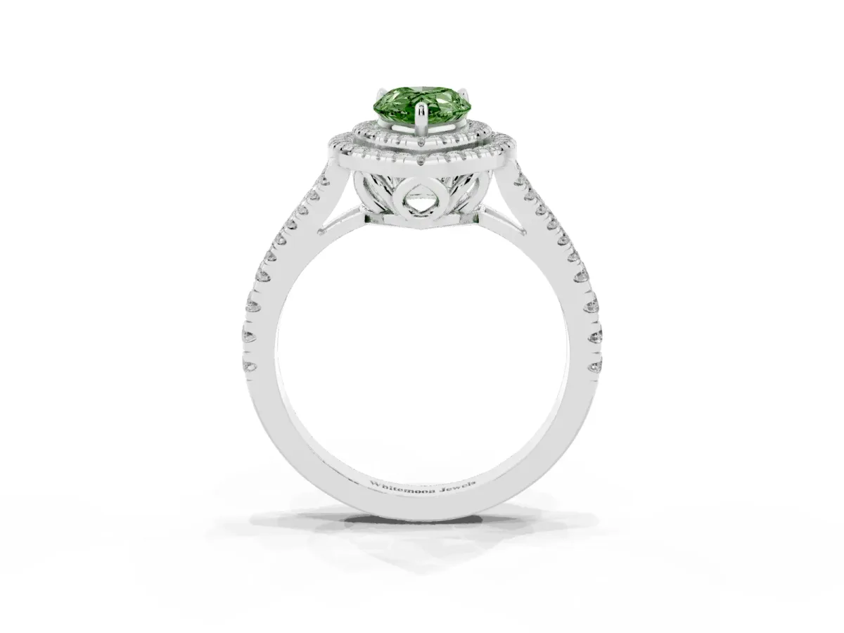 Fancy Green Pear Cut Diamond Double Halo Ring with Pavé Band and Prong Setting Silver