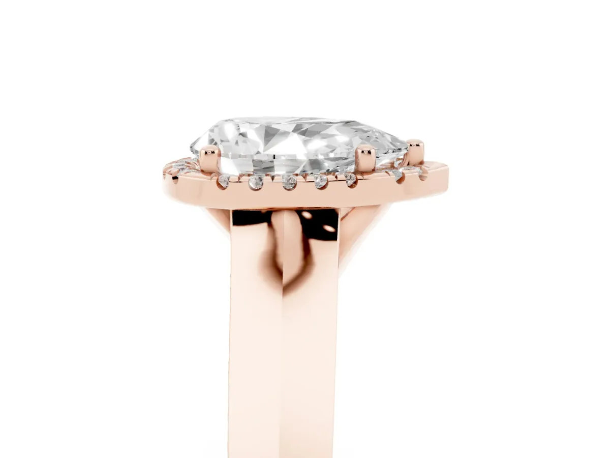 Pear Cut Halo Diamond Ring with Cathedral Band and Four-Prong Setting Rose gold