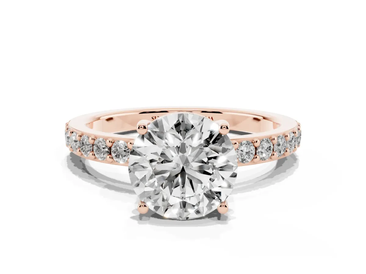 Round Cut Cut Diamond Solitaire with Pave Band and Four-Prong Setting Rose gold