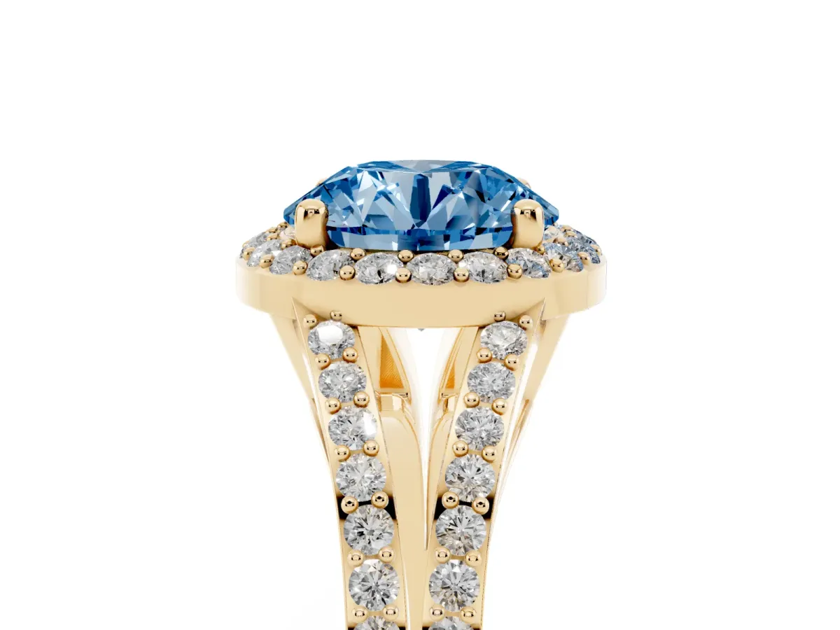 Fancy Blue Round Cut Halo Split Shank Pave Diamond Ring with Four-Prong Setting Yellow gold