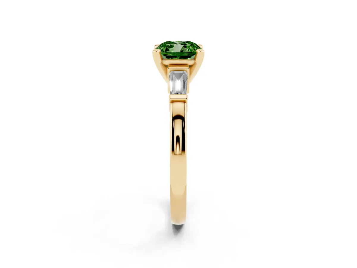 Fancy Green Cushion Cut Cut Diamond Solitaire Ring with Tapered Baguette Accents and Four-Prong Setting Yellow gold