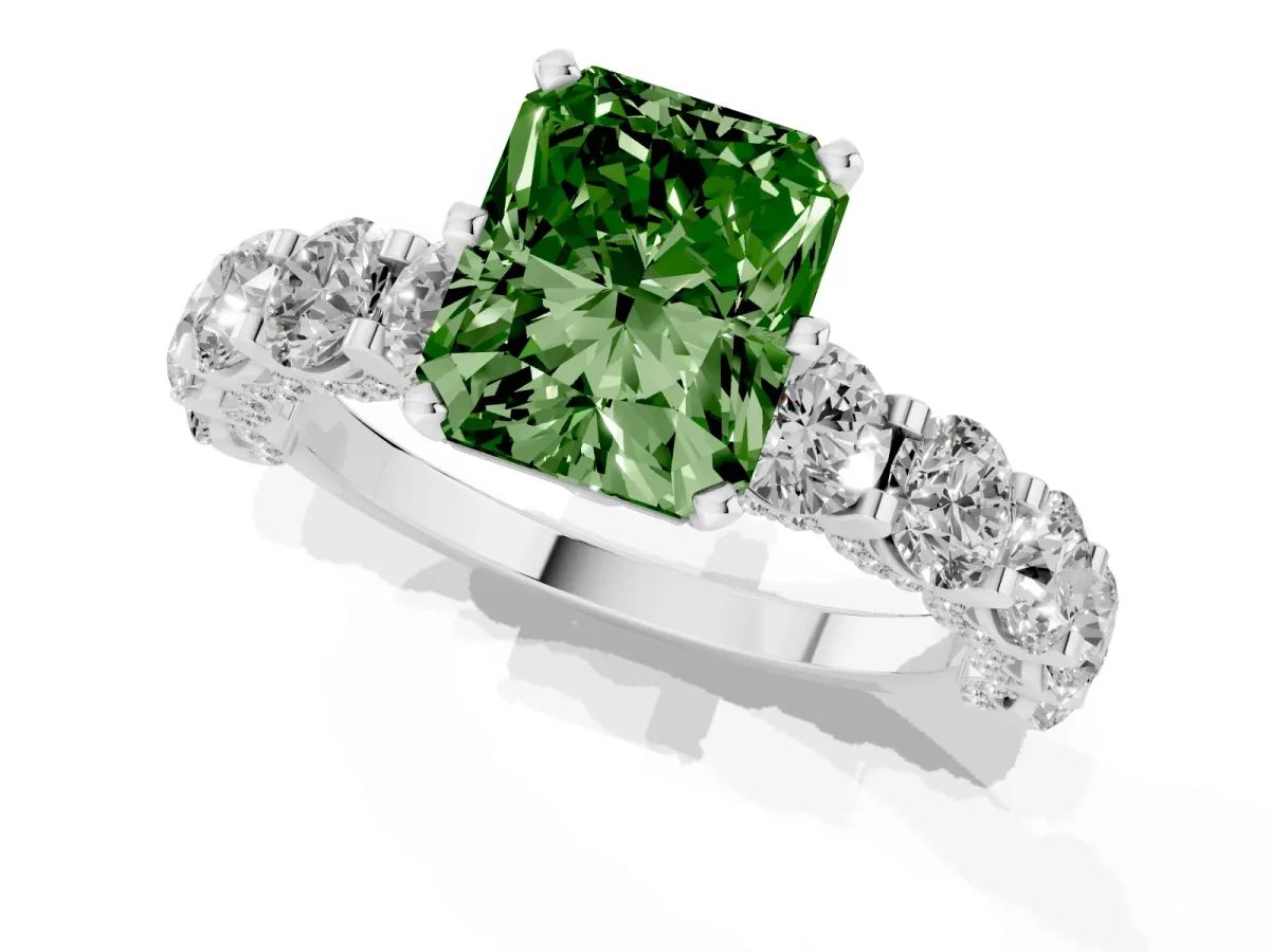 Fancy Green Radiant Cut Diamond Side Stone Engagement Ring with Four-Prong Setting Silver