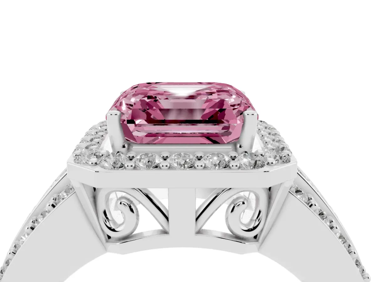 Fancy Pink Asscher Cut Halo Diamond Ring with Round Split Shank and Prong Setting Platinum