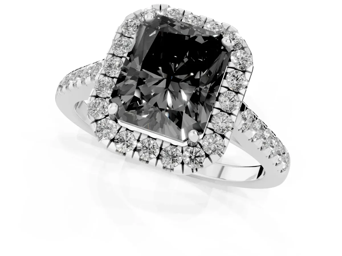 Fancy Black Radiant Cut Halo Pave Diamond Engagement Ring with Four-Prong Setting Platinum