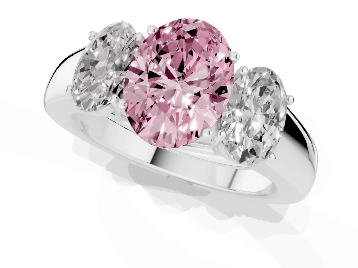 Fancy Pink Three-Stone Oval Cut Cut Diamond Ring with Prong Setting and Classic Band Platinum