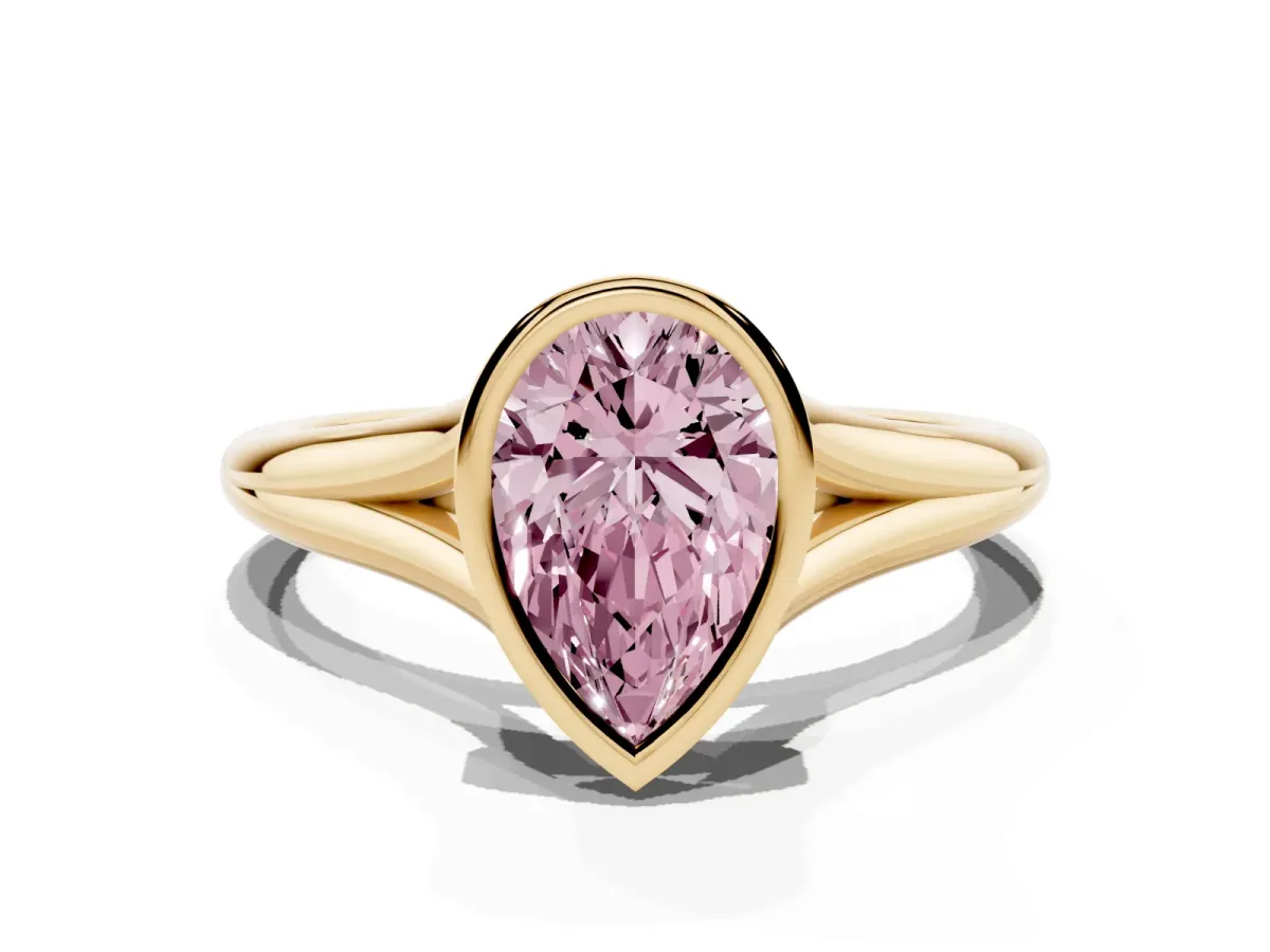 Fancy Pink Bezel Set Pear Cut Cut Solitaire Ring with Tapered Band Yellow gold