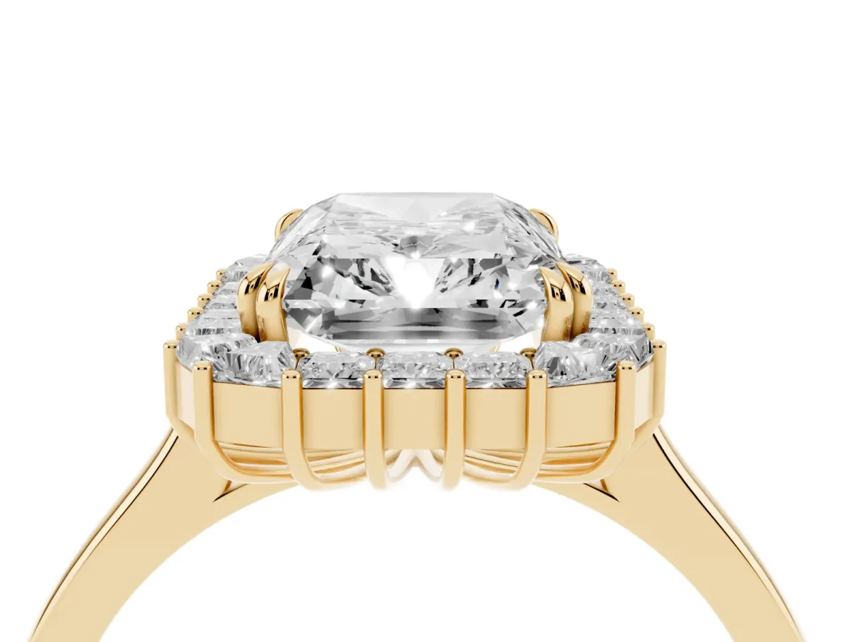 Radiant Diamond Baguette Halo Engagement Ring Yellow gold