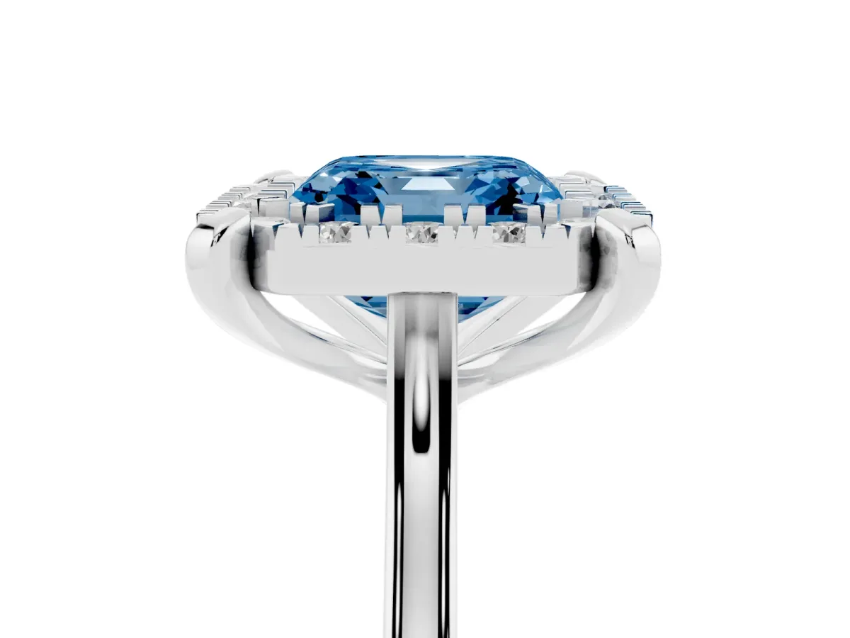 Fancy Blue Asscher Cut Diamond Cluster Halo Solitaire with Four-Prong Setting Silver