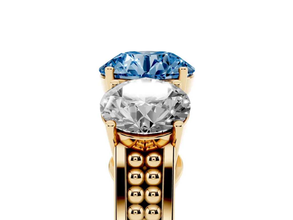 Fancy Blue Round Cut Diamond Three-Stone Ring with Prong Setting and Textured Band Yellow gold