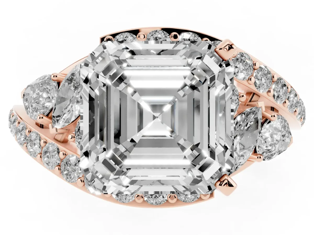 Asscher Cut Diamond Halo Ring with Marquise and Pavé Band in Prong Setting Rose gold
