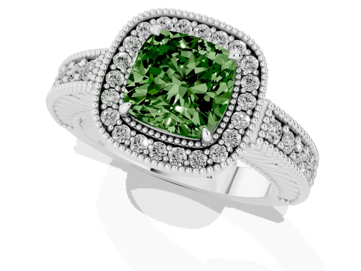 Fancy Green Cushion Cut Cut Halo Diamond Ring with Pavé Band and Four-Prong Setting Silver