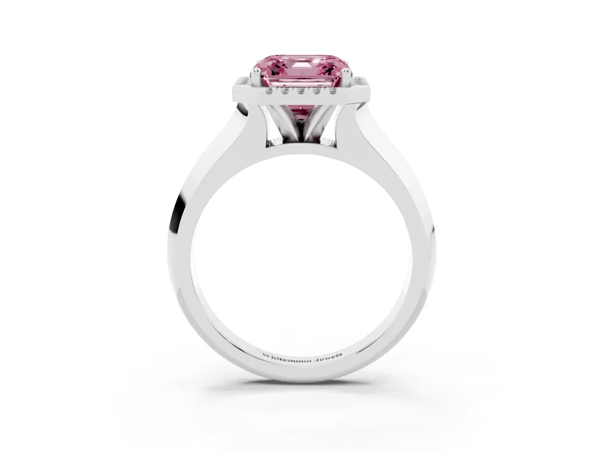 Fancy Pink Asscher Cut Halo Diamond Ring with Cathedral Band and Four-Prong Setting White gold