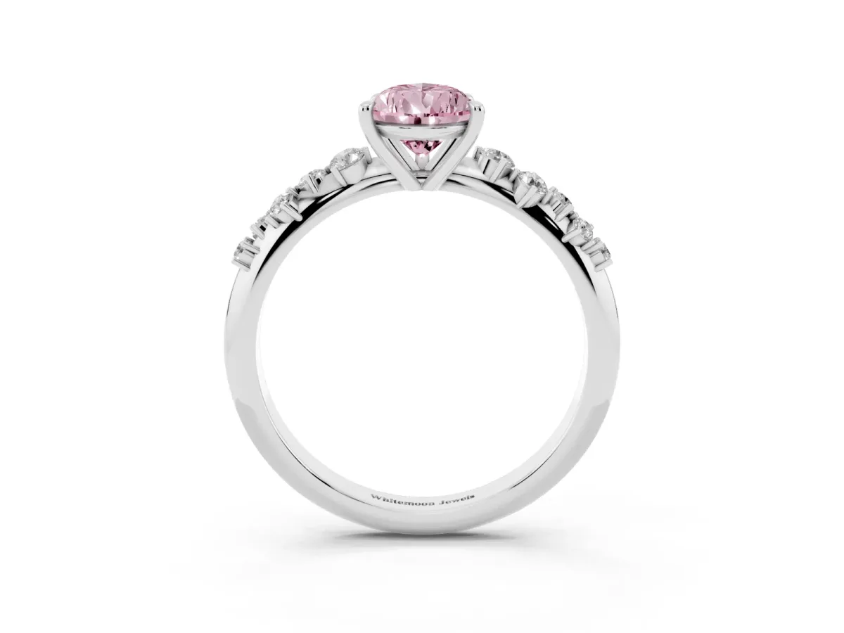 Fancy Pink Pear Cut Diamond Cluster Side Stone Solitaire Ring with Prong Setting Silver