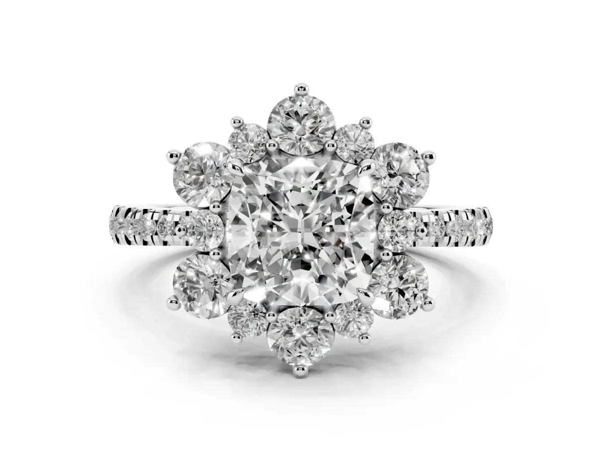 Cushion Cut Diamond Floral Halo Ring with Round Pavé Band and Prong Setting White gold
