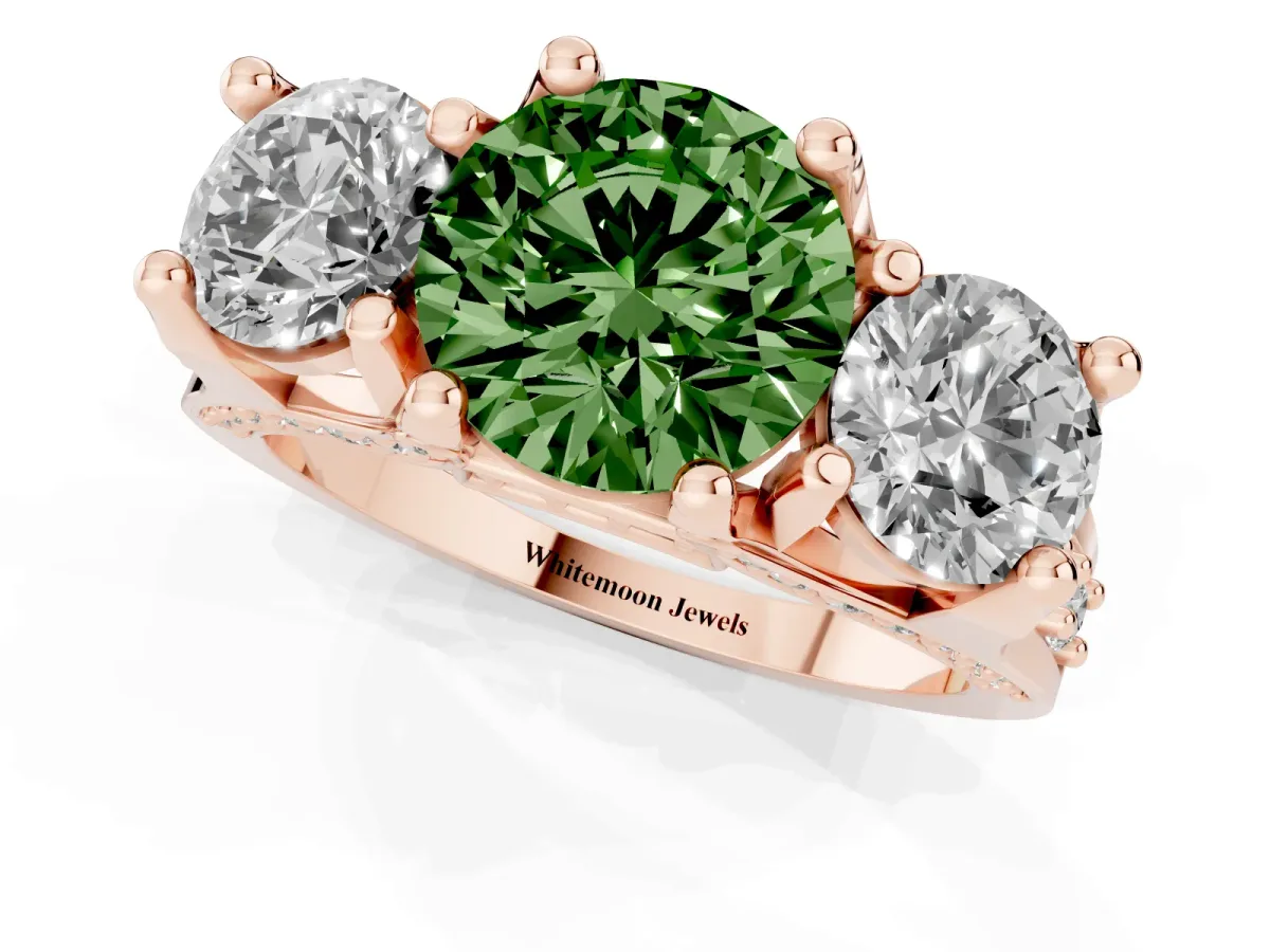 Fancy Green Round Cut Diamond Three-Stone Ring with Channel Set Band and Four-Prong Setting Rose gold
