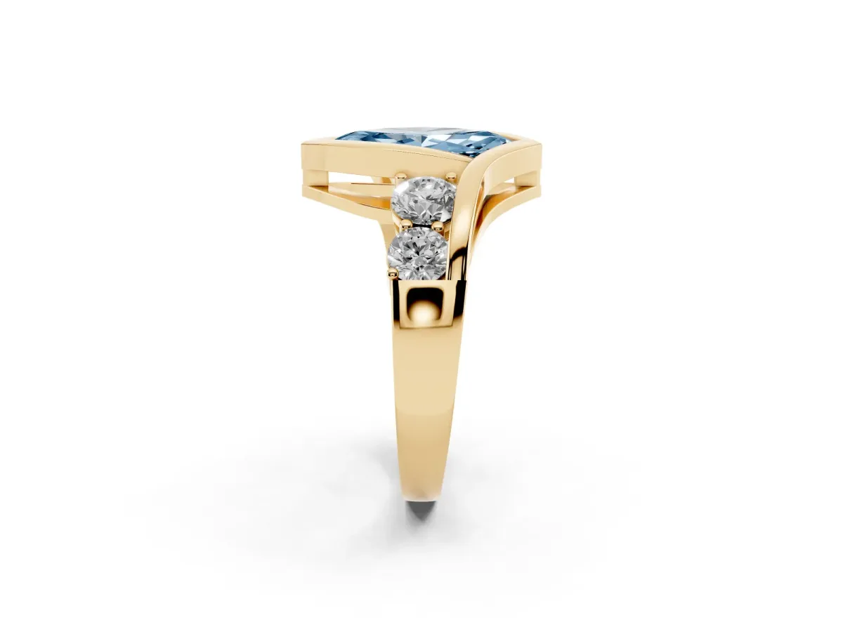 Fancy Blue Bezel Set Marquise Cut Diamond Bypass Ring with Round Accents Yellow gold